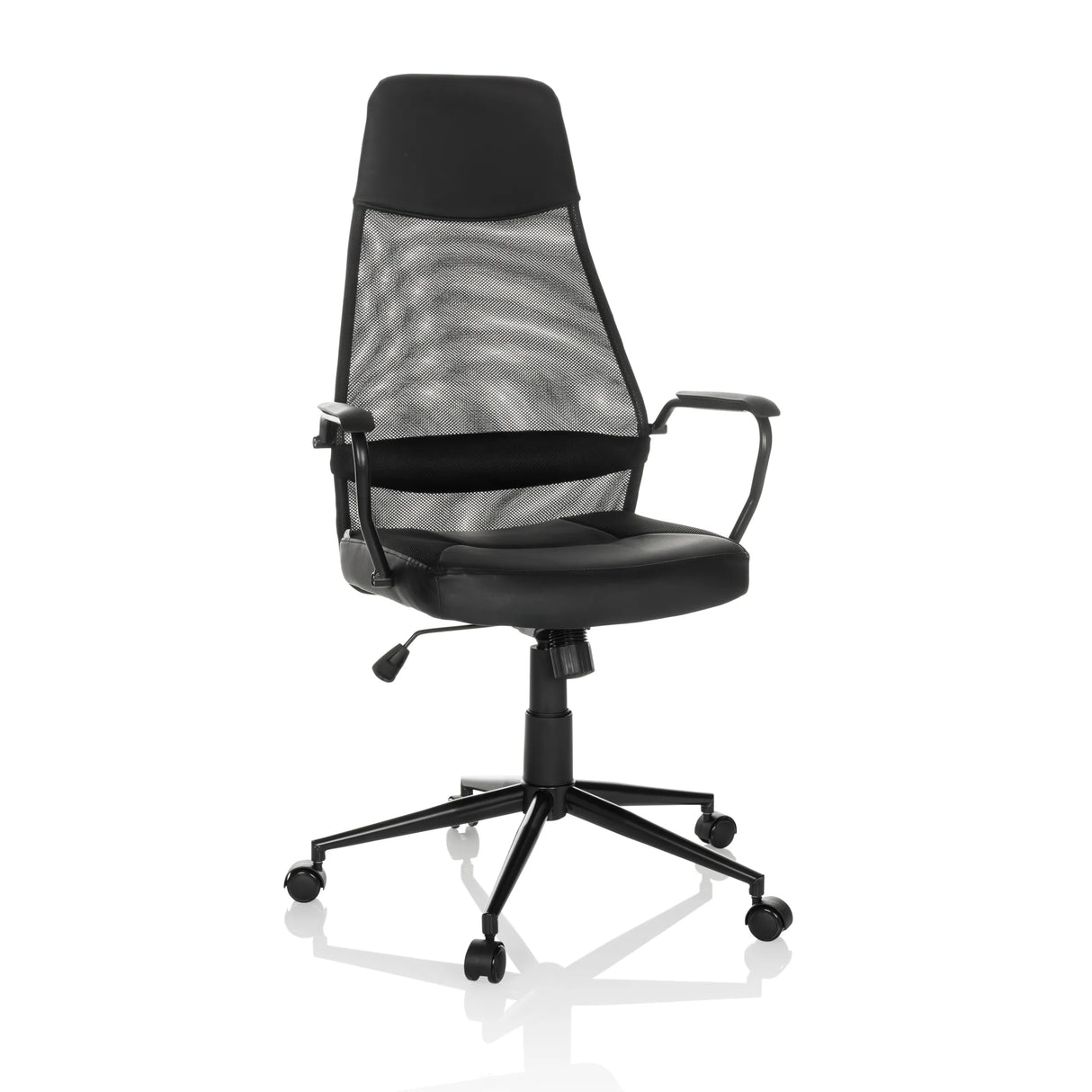 Schwarzer Homeoffice-Chefsessel MARCOZ mit Netzrücken und Fußkreuz mit fünf Rollen von MyBuero – 360-Grad-Ansicht (Frontansicht 15°)