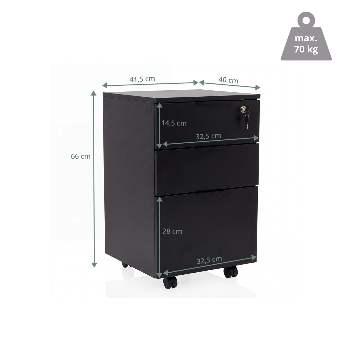 Maßzeichnung des Rollcontainers DAVIK mit einer Höhe von 66 cm und einer Belastbarkeit von 70 kg von hjh OFFICE