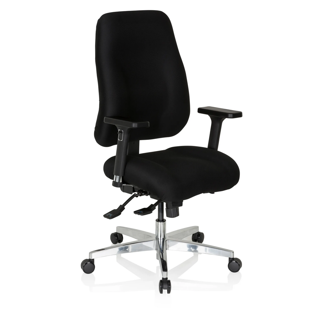Schwarzer Profi-Bürostuhl ZENIT COMFORT mit Armlehnen und Fußkreuz mit fünf Rollen von hjh OFFICE – 360-Grad-Ansicht (schräge Frontansicht 40°)