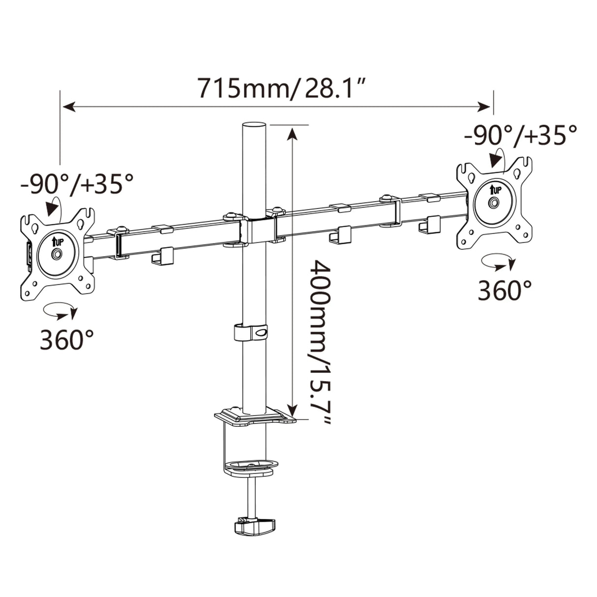 Technische Zeichnung der Monitorhalterung Ergomount M2 mit einer Breite von 715 mm von hjh OFFICE