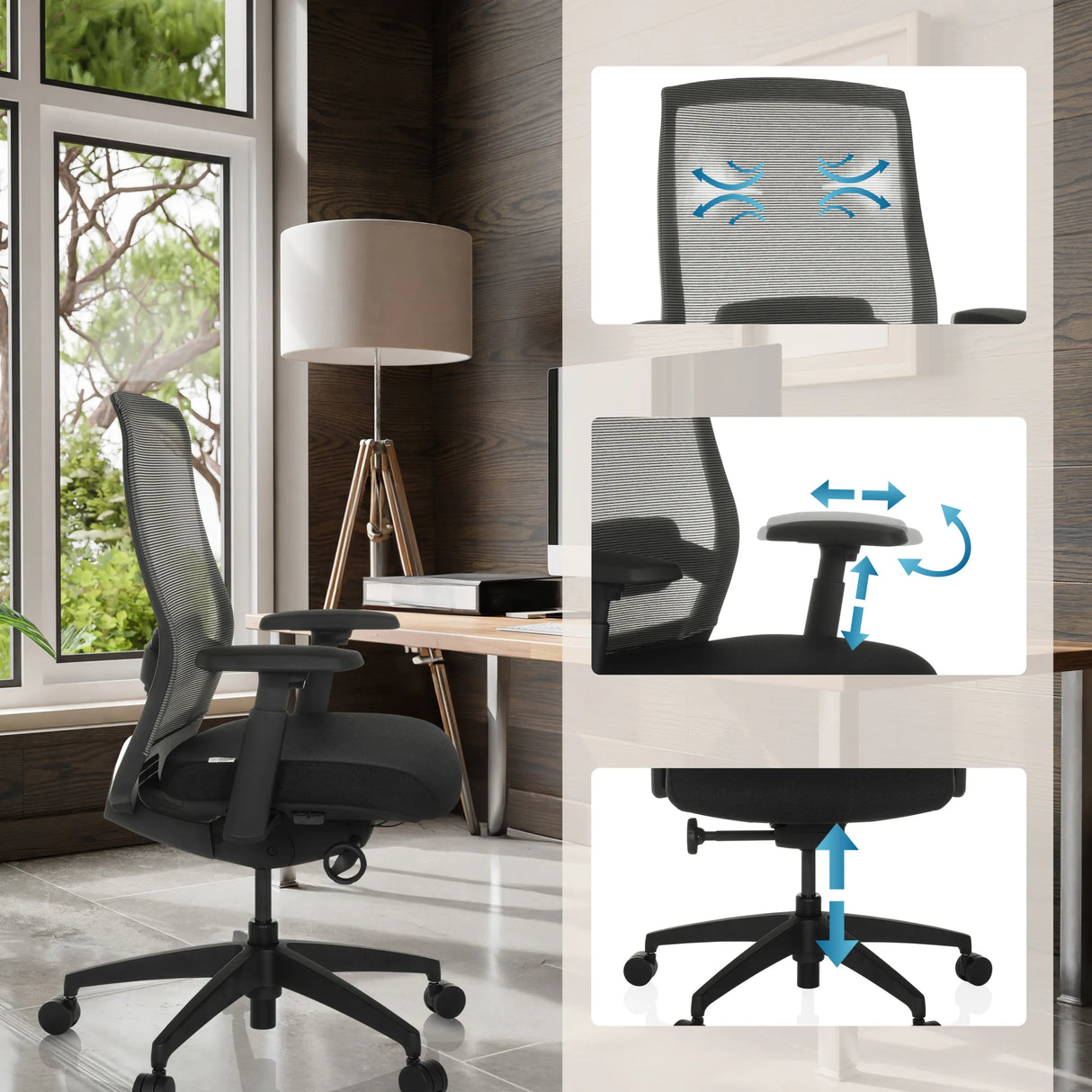 Verstellbare Armlehnen, Netzrücken und Gasfeder des Profi-Bürostuhls COLORE von hjh OFFICE
