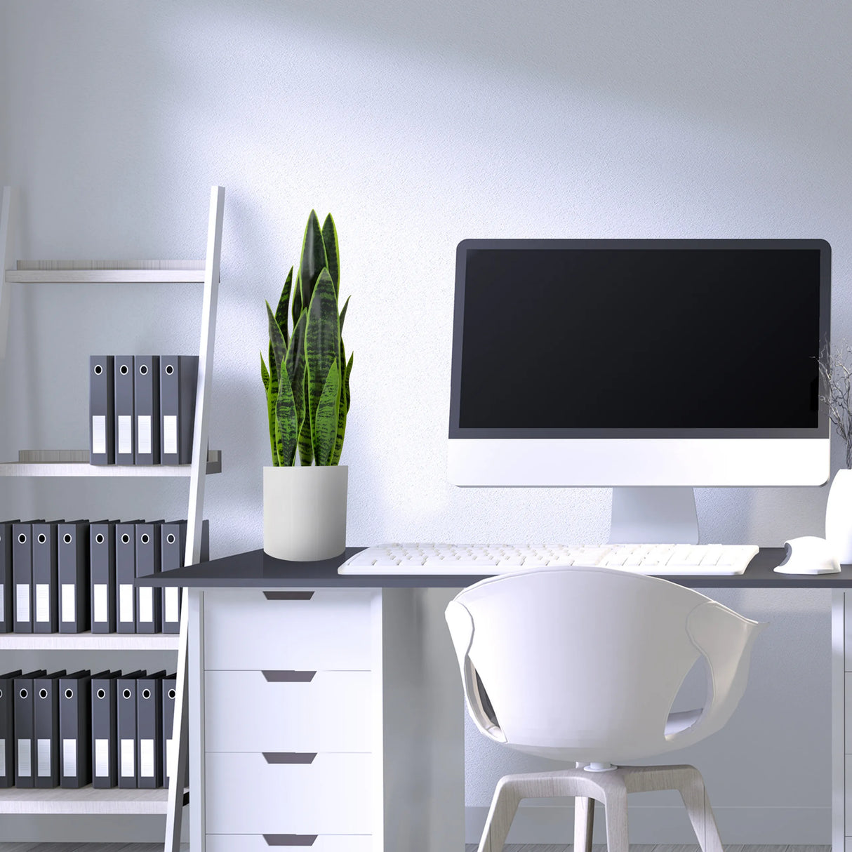 Grüne Kunstpflanze SANSEVIERIA in einem weißen Topf auf einem Schreibtisch von hjh OFFICE