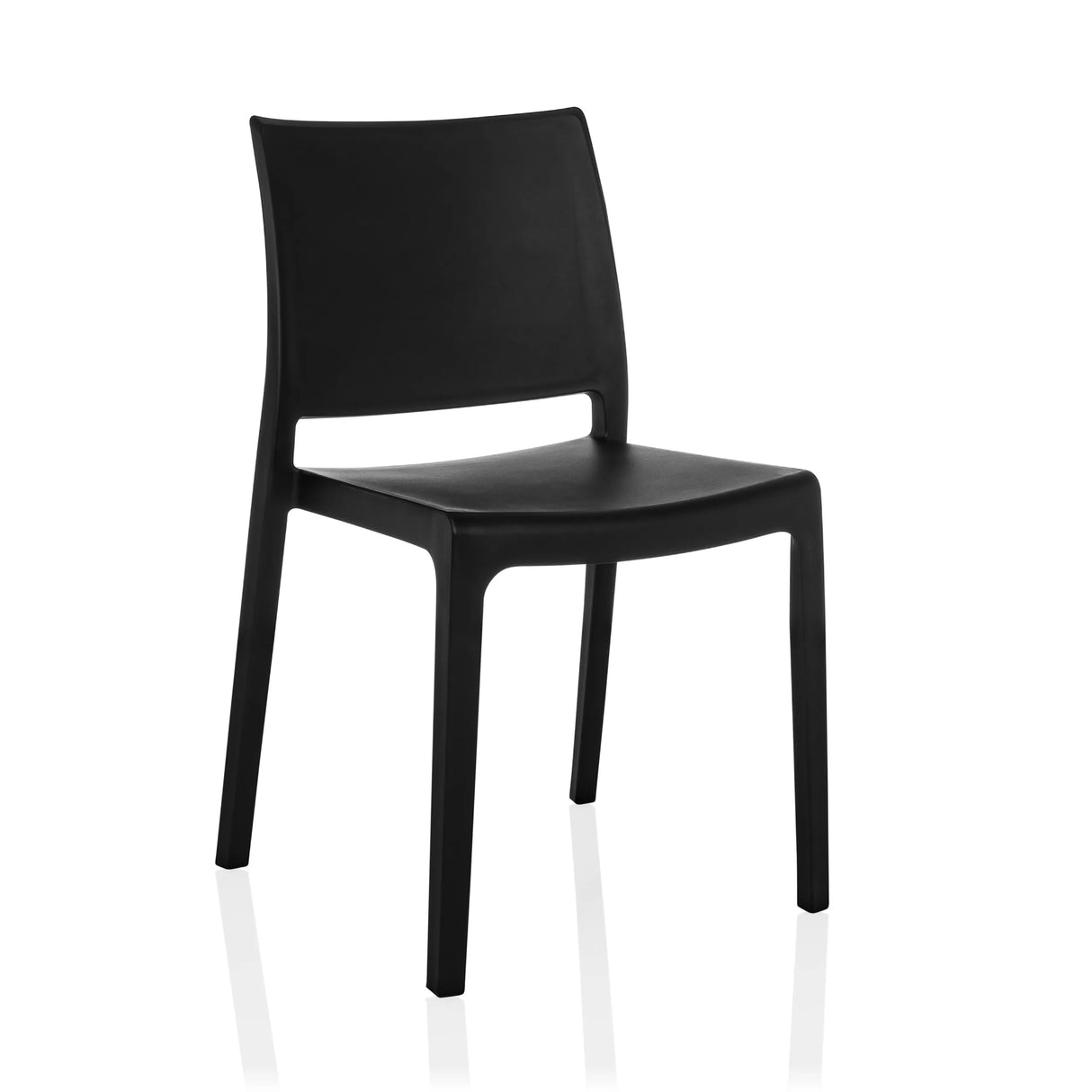 Schwarzer Outdoor-Stuhl T37 V mit schlichter Rückenlehne und vier Beinen von hjh LIVING – 360-Grad-Ansicht (schräge Frontansicht 30°)