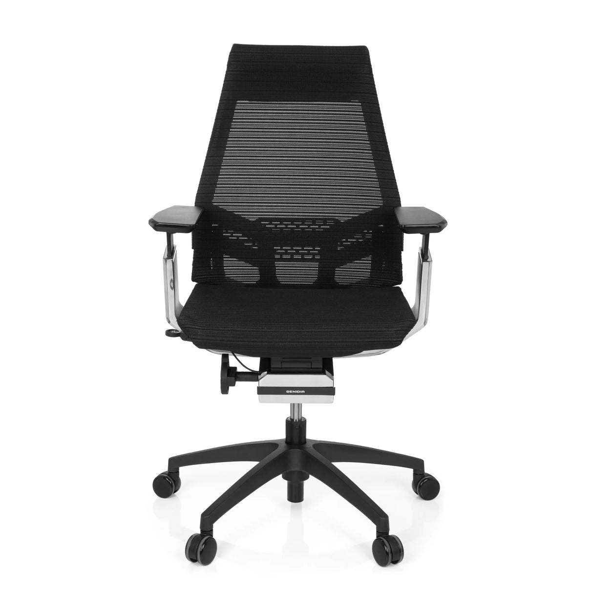 Schwarzer Profi-Bürostuhl GENIDIA SMART BLACK CM mit Netzrücken und Fußkreuz mit fünf Rollen von hjh OFFICE – 360-Grad-Ansicht (Frontansicht 0°)