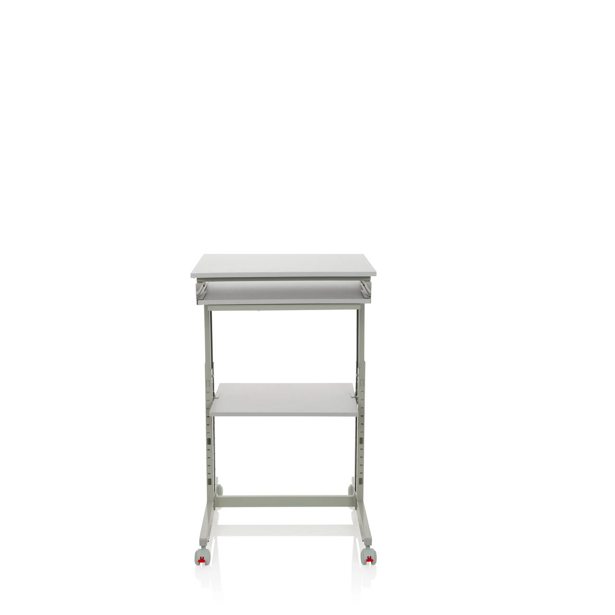 Grauer Stehschreibtisch WORKSTATION mit Ablagefläche und vier Rollen von hjh OFFICE – 360-Grad-Ansicht (Frontansicht 0°)