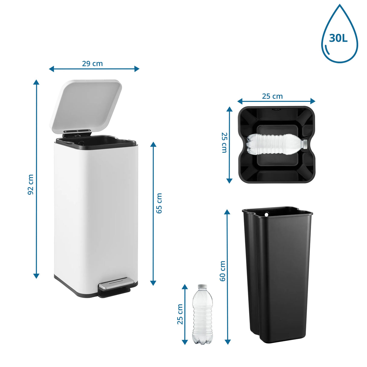 Technische Zeichnung des Mülleimers Clean Square mit 92 cm Höhe und 30 l Volumen von hjh OFFICE