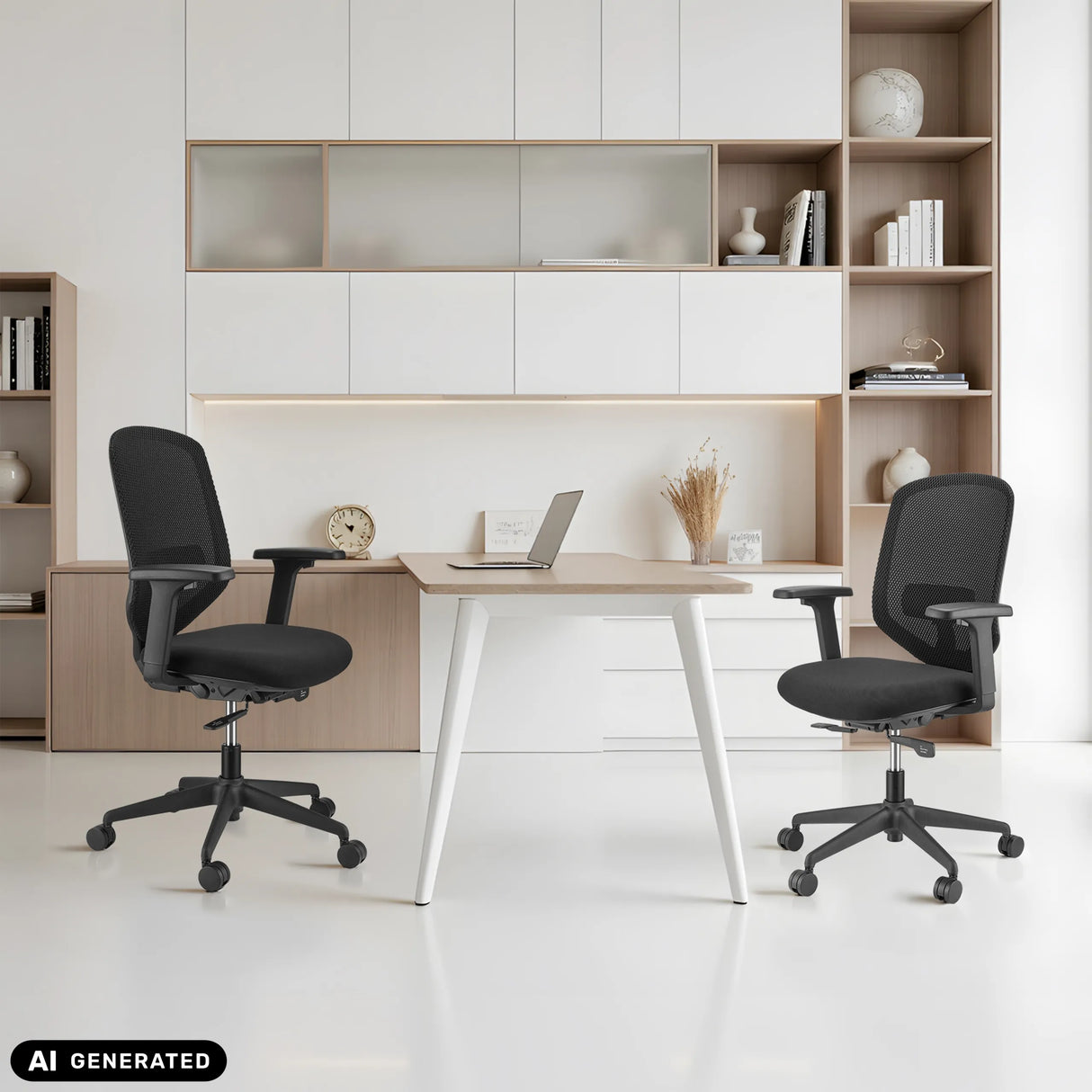 Zwei schwarze Profi-Bürostühle Delvia an einem Schreibtisch vor einem Regalsystem von hjh OFFICE (KI-generiertes Bild)