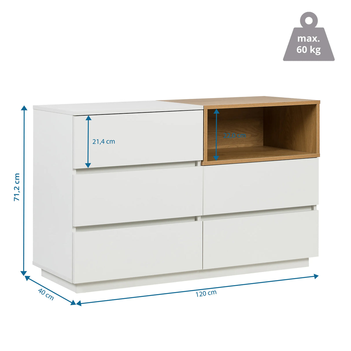 Maßzeichnung des Sideboards MELMO S in Weiß und Eiche mit 120 × 40 cm von hjh LIVING