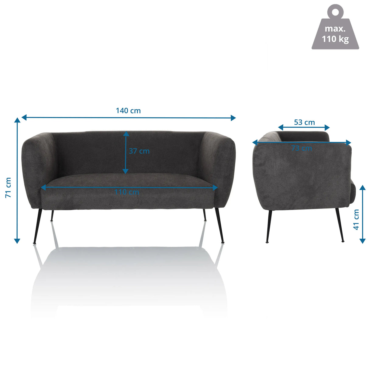 Maßzeichnung des Loungesofas HAYRIVER mit einer Breite von 140 cm und einer Tiefe von 73 cm von hjh LIVING
