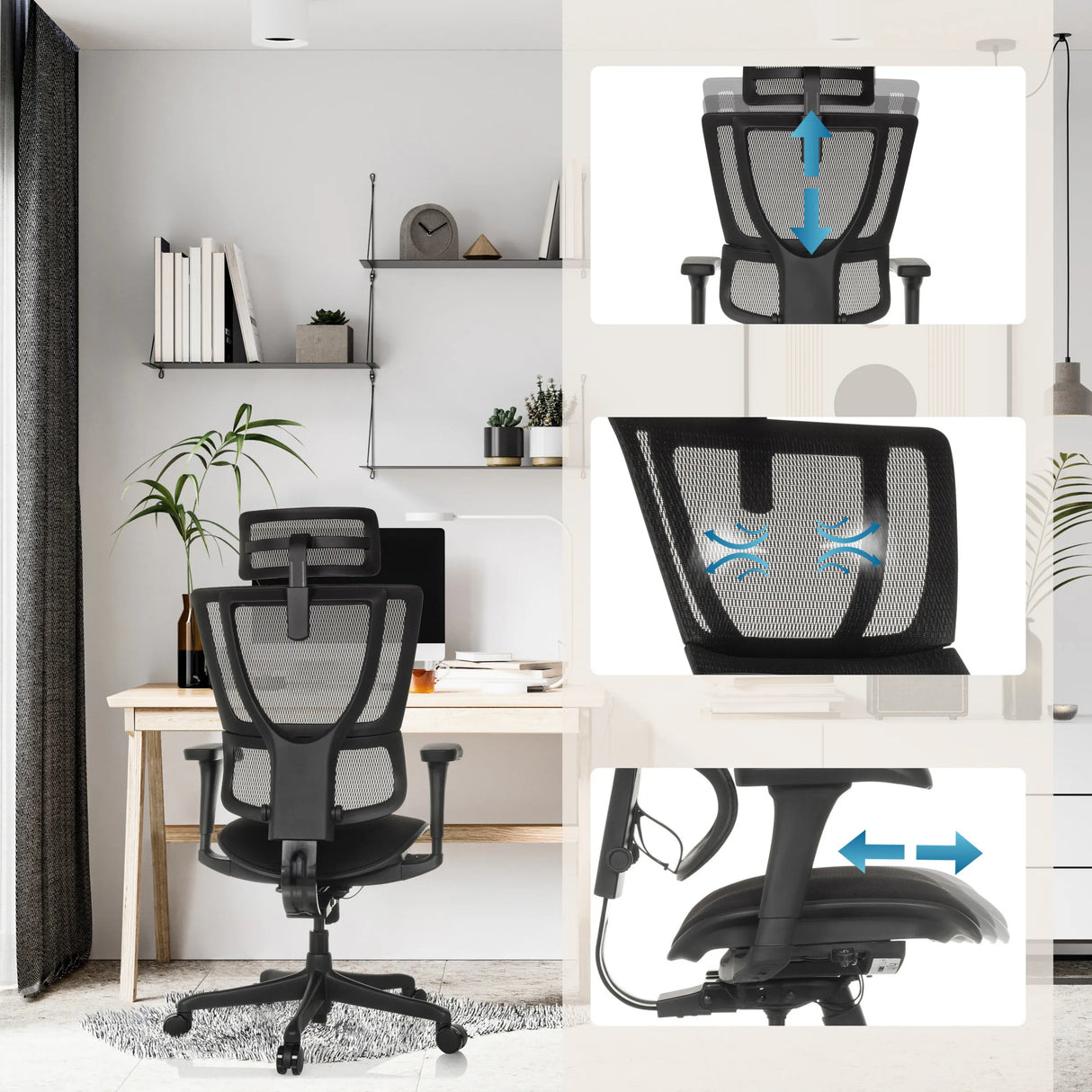 Luxus-Chefsessel ERGOHUMAN SLIM ECO F GEN2 mit verstellbarer Kopfstütze und Sitztiefe in schwarzem Netzstoff von hjh OFFICE