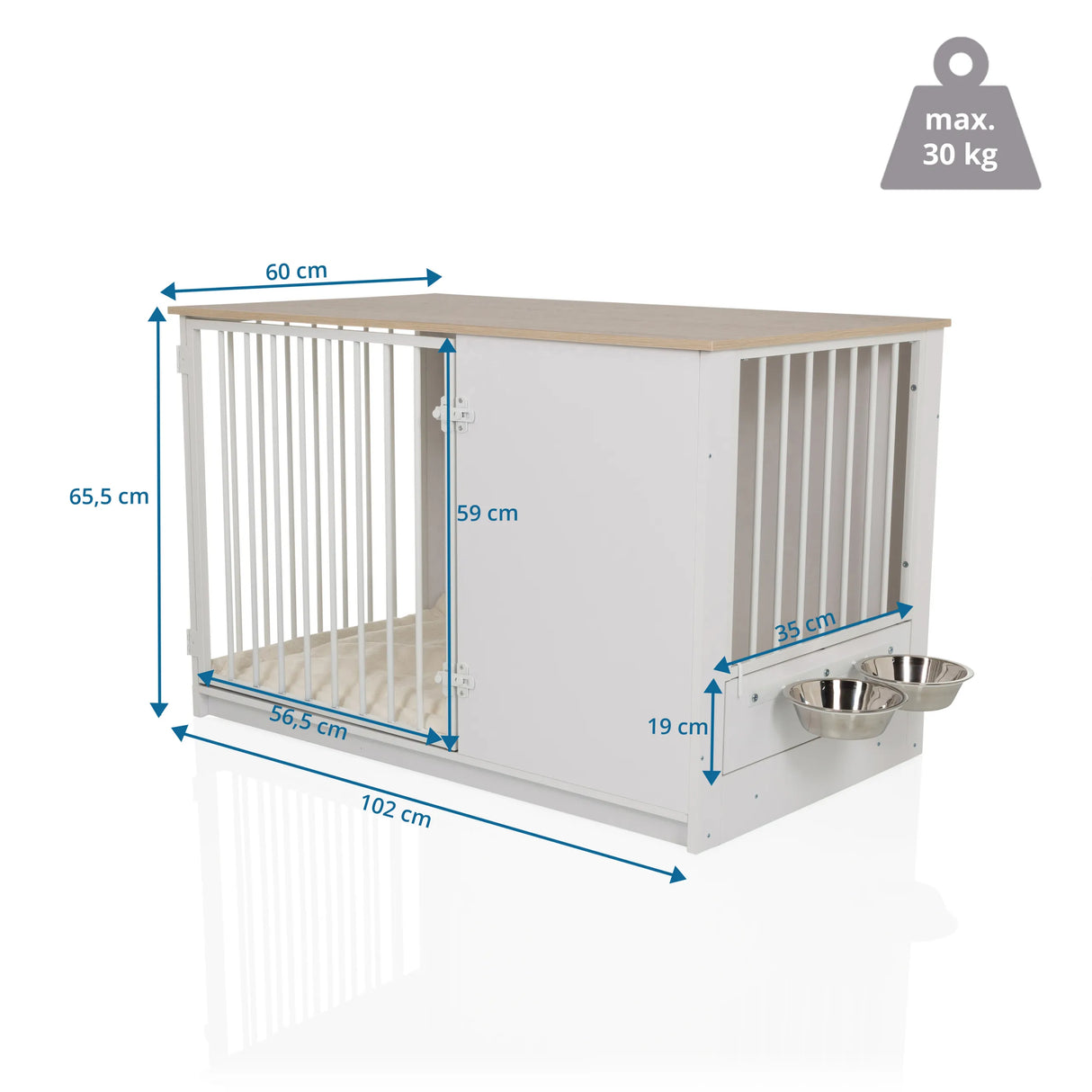 Maßzeichnung der Hundebox PAWHOME XL in Weiß und Eiche mit 102 x 65,5 cm von hjh LIVING