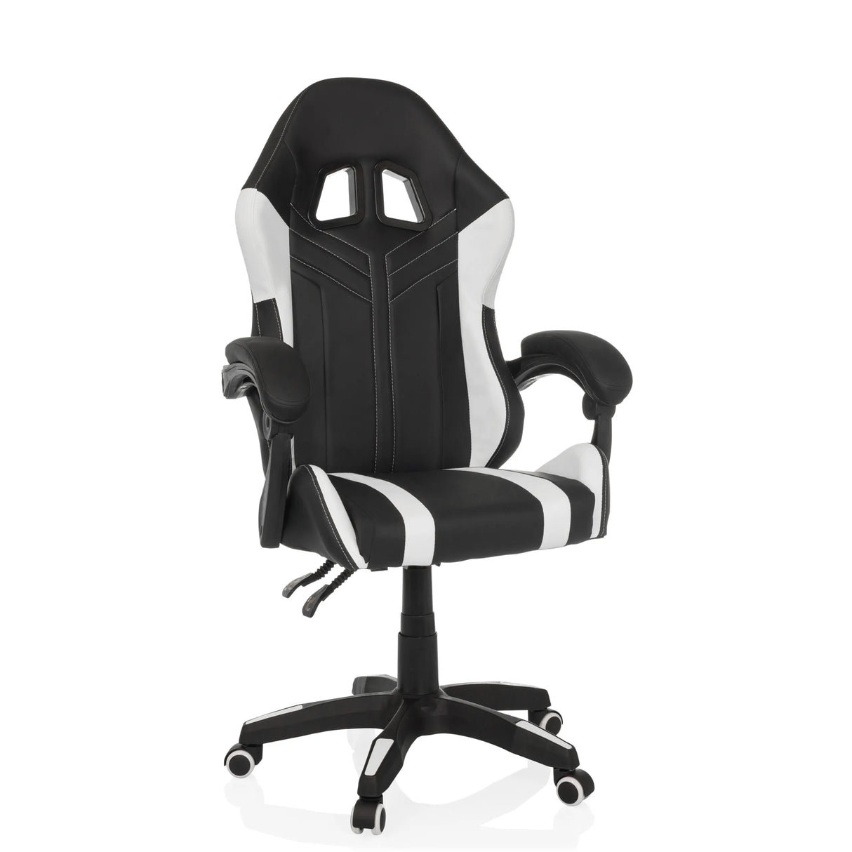 Schwarz-weißer Gamingstuhl GAMEBREAKER W02 mit Fußkreuz mit fünf Rollen von MyBuero – 360-Grad-Ansicht (schräge Frontansicht 30°)