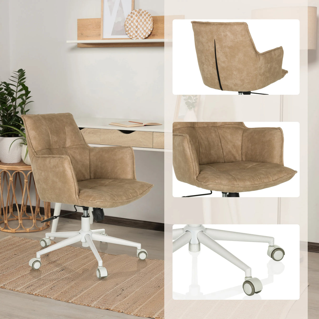 Beiger Home-Office-Bürostuhl SOLAO LIFE W mit weißem Fußkreuz und Rollen von hjh LIVING