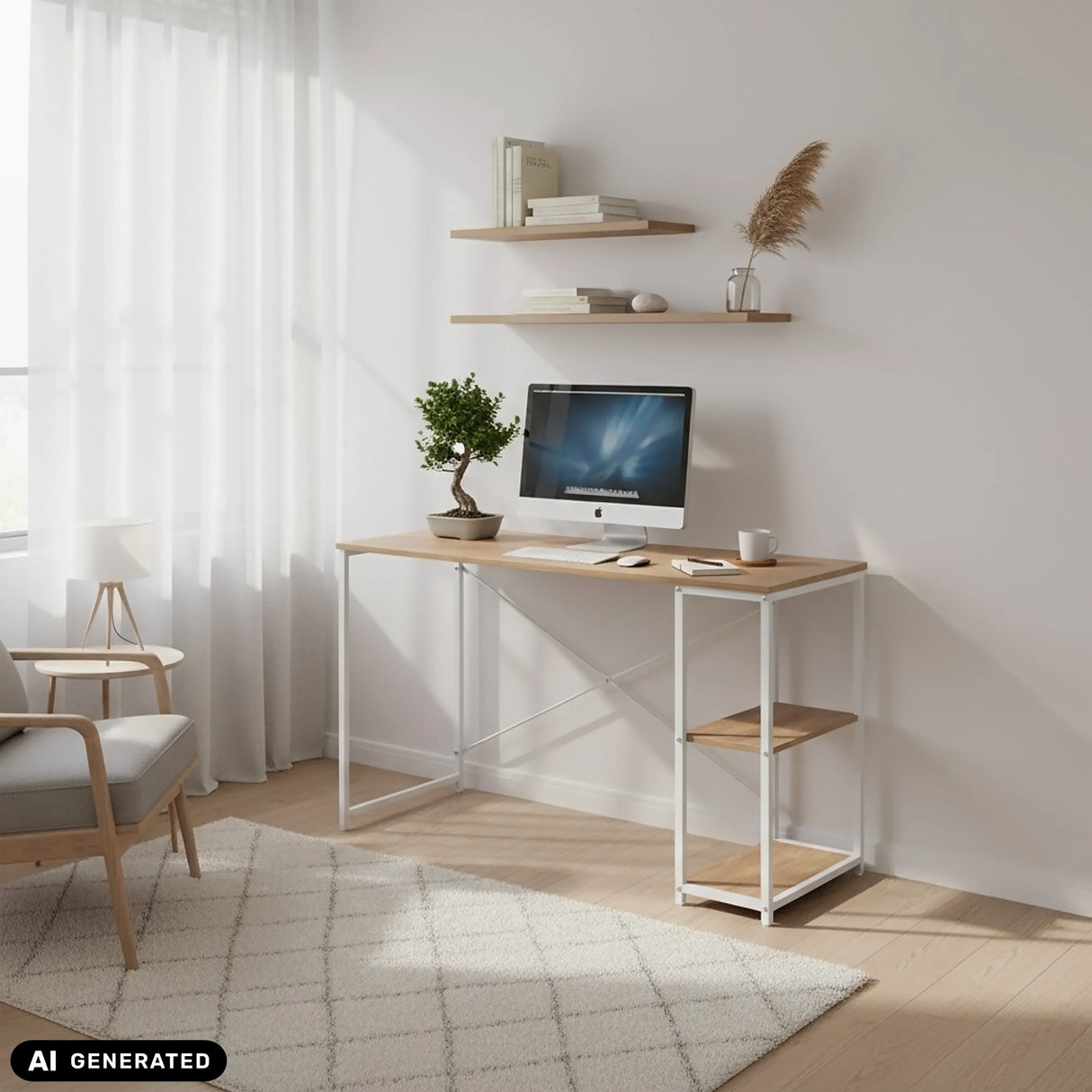 Schreibtisch Easy Up2 in Weiß und Eiche mit integriertem Regal von hjh LIVING (KI-generiertes Bild)