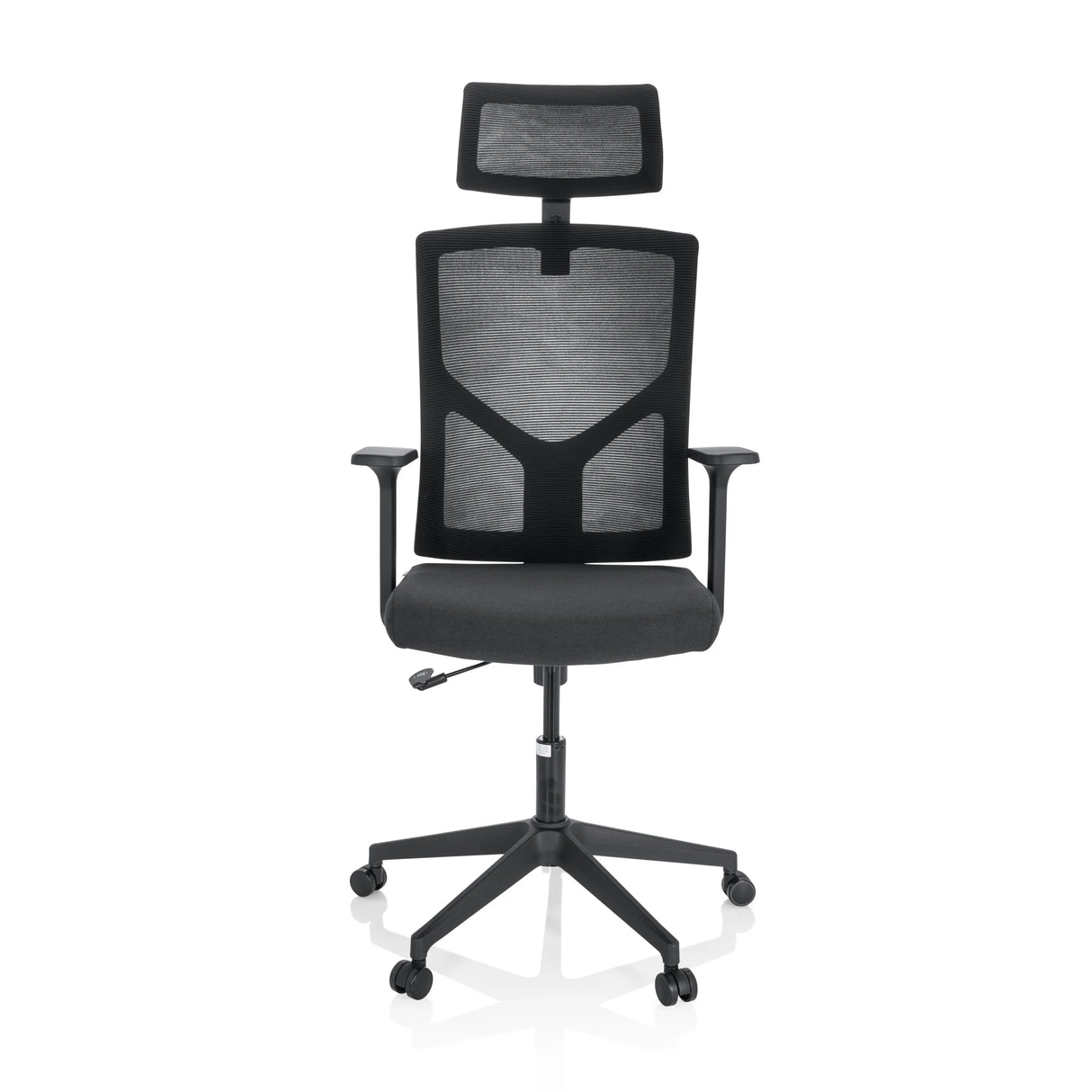 Schwarzer Homeoffice-Bürostuhl BRETON B mit Netzrücken, Kopfstütze und Fußkreuz mit fünf Rollen von hjh OFFICE – 360-Grad-Ansicht (Frontansicht 0°)