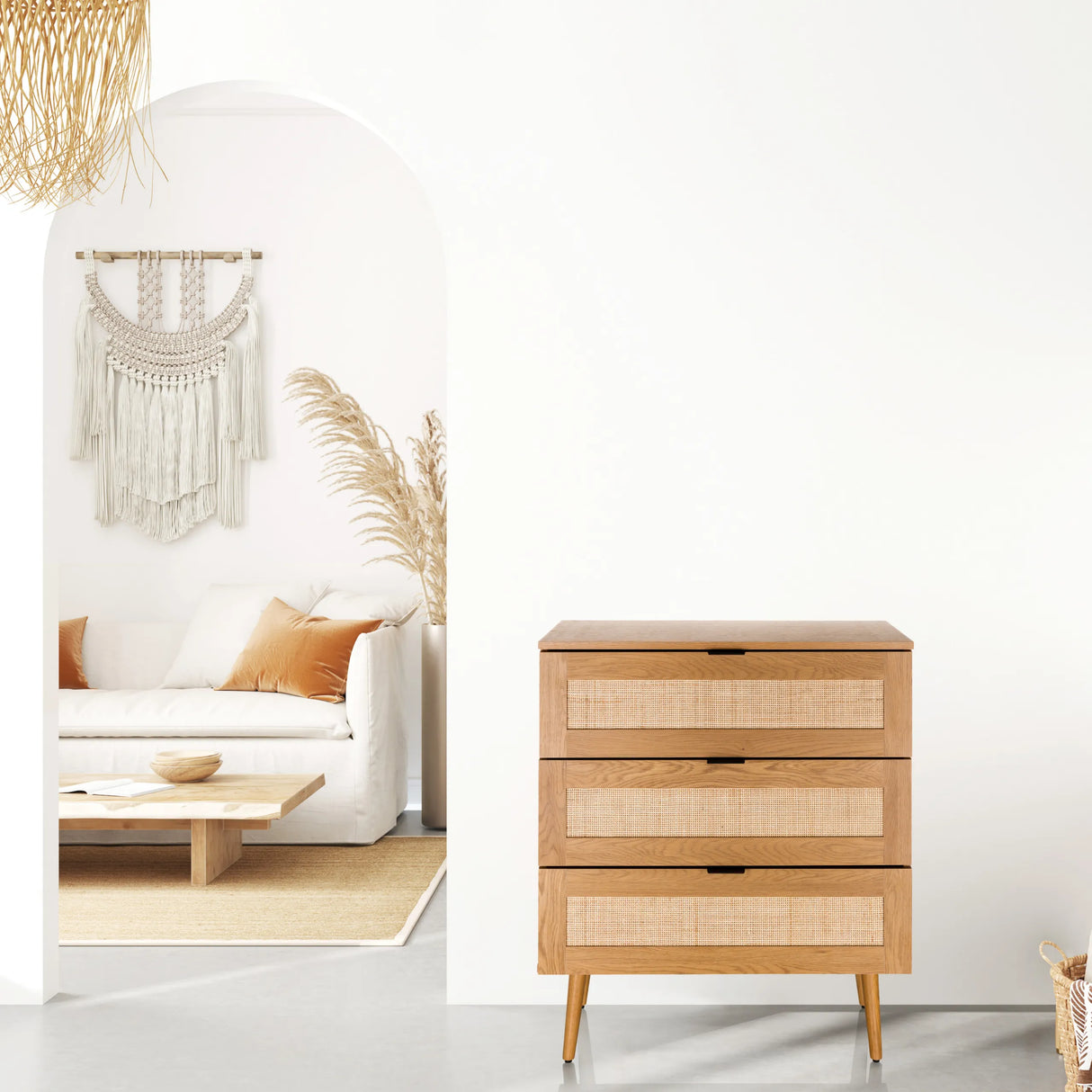 Kommode BOHEO K aus Eiche mit drei Schubladen und Wiener Geflecht von hjh LIVING