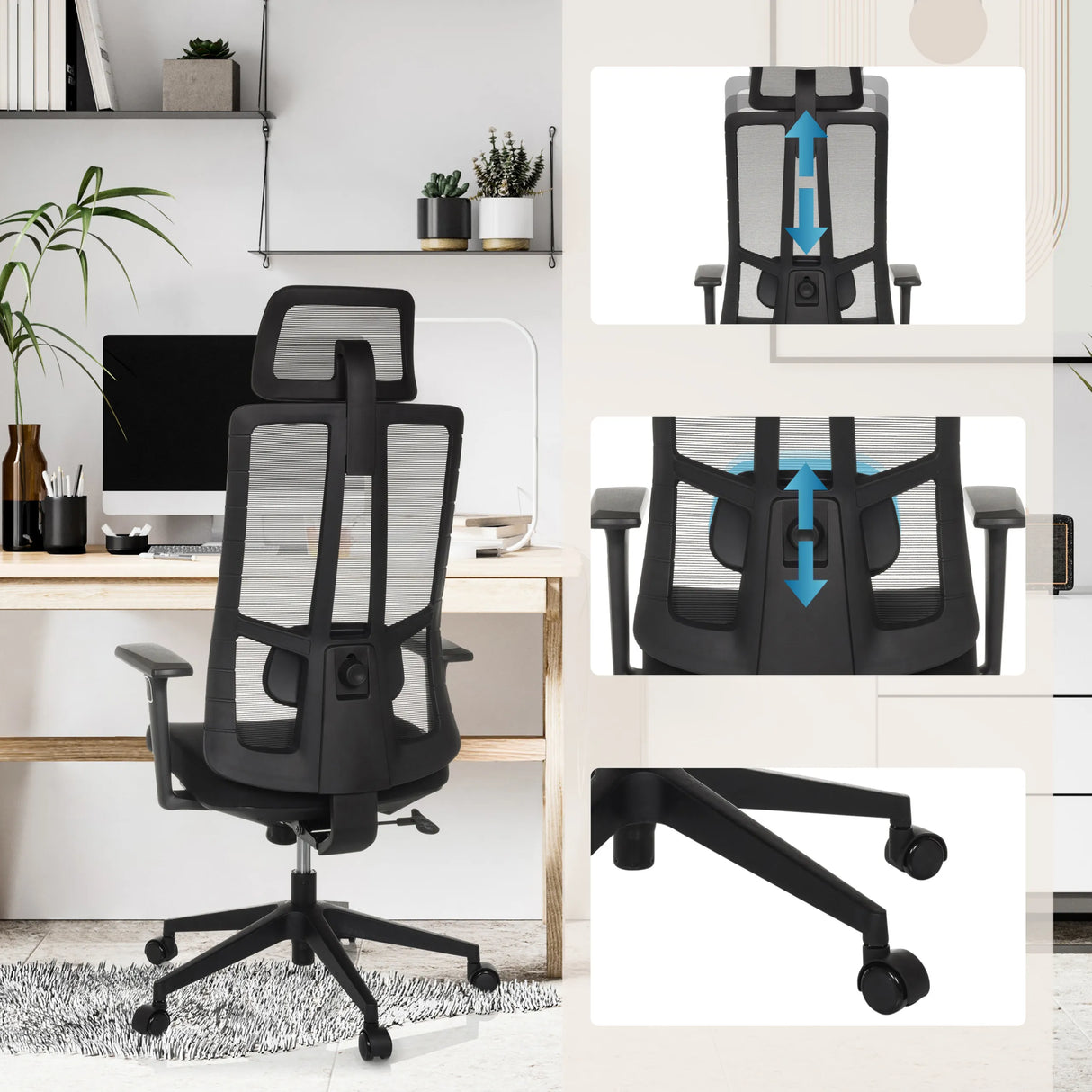 Höhenverstellbare Kopfstütze, Lordosenstütze und Rollen des Profi-Bürostuhls TRAMORE von hjh OFFICE
