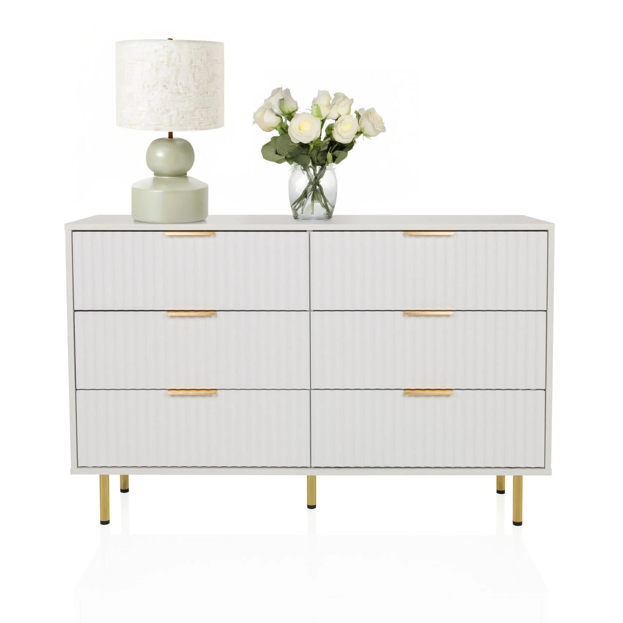 Weißes Sideboard HJELLE mit sechs Schubladen, Riffellook und goldenen Füßen von hjh LIVING