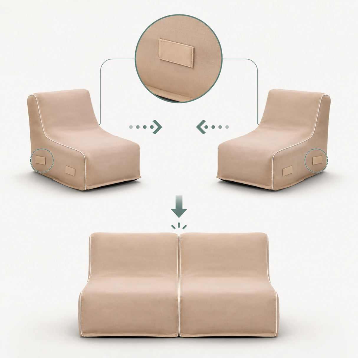 Klettverschluss zur Verbindung zweier beiger Luftsofas Sitzolo Air von hjh LIVING