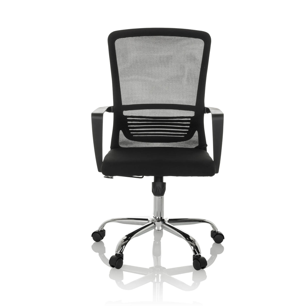 Schwarzer Homeoffice-Bürostuhl STAR-TEC S mit Netzrücken und Fußkreuz mit fünf Rollen von hjh OFFICE – 360-Grad-Ansicht (Frontansicht 0°)