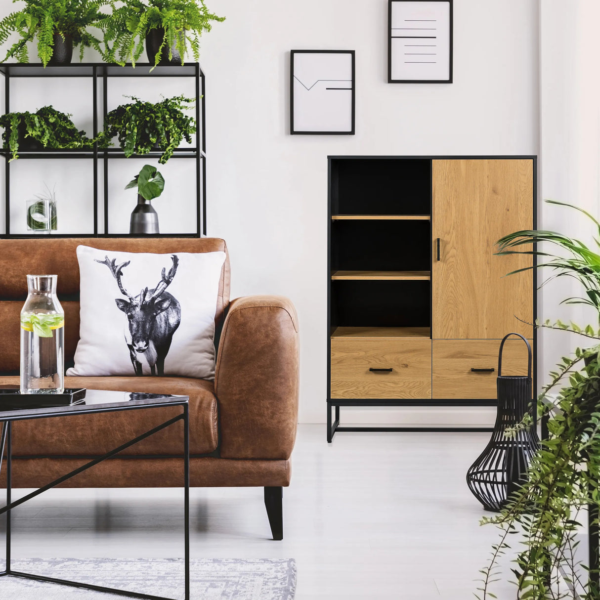 Büroschrank AMIO H in Schwarz und Eiche mit zwei Schubladen und einem geschlossenen Schrankfach von hjh LIVING