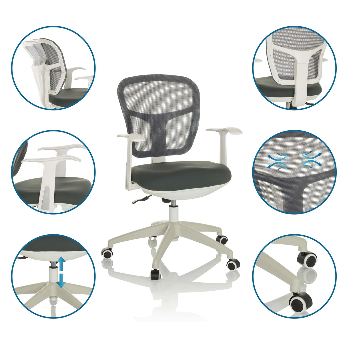 Home-Office-Bürostuhl TOP 108 W in Grau mit Detailansichten zu Rückenlehne, Armlehnen und Gasfeder von hjh OFFICE