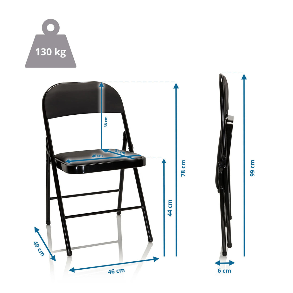 Maßzeichnung des Klappstuhls TUDELA mit einer Gesamthöhe von 78 cm und Belastbarkeit von 130 kg von hjh OFFICE