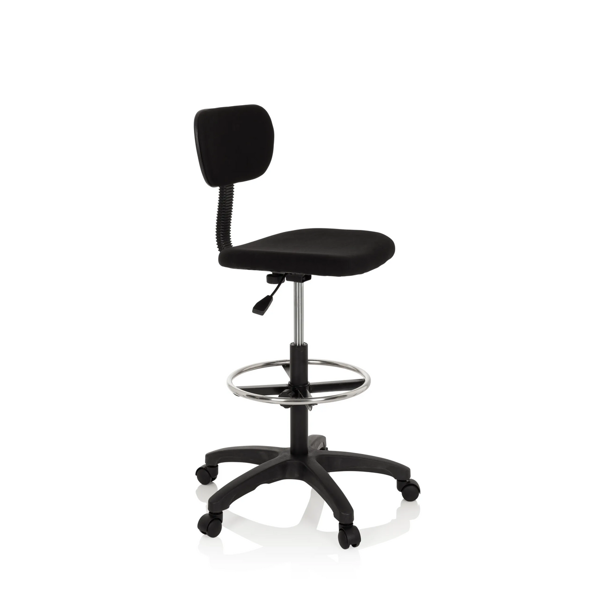 Schwarzer Counterstuhl TOP WORK 05 mit Fußring und Fußkreuz mit fünf Rollen von hjh OFFICE – 360-Grad-Ansicht (schräge Frontansicht 60°)
