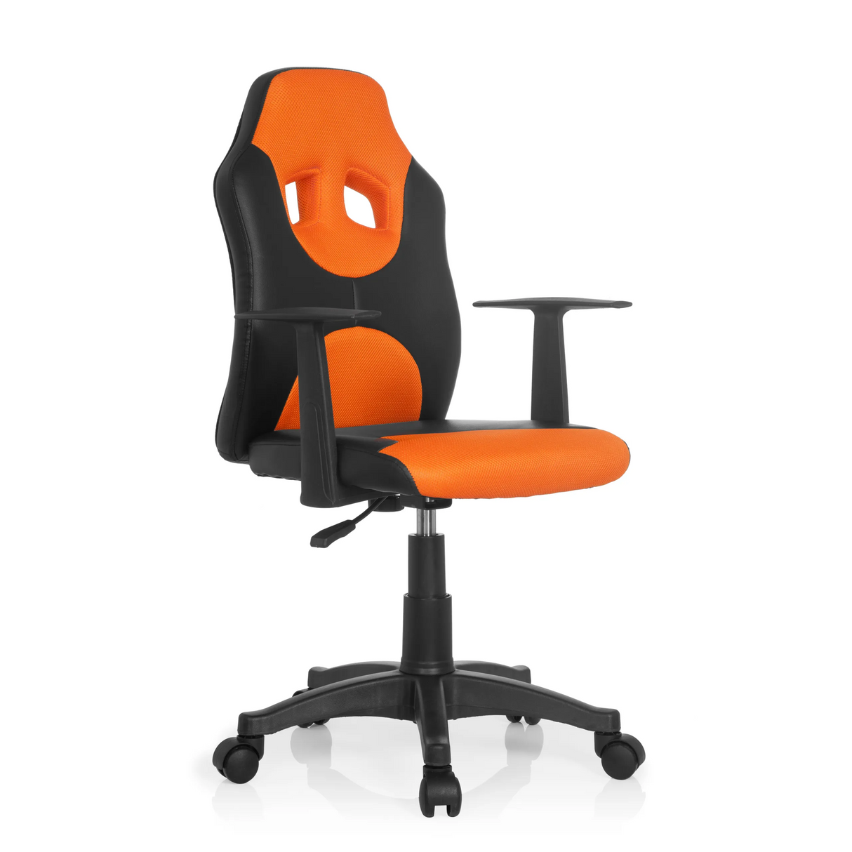 Schwarz-orangefarbener Kinderdrehstuhl KID GAME AL mit Netzrücken und Fußkreuz mit fünf Rollen von hjh OFFICE – 360-Grad-Ansicht (schräge Frontansicht 40°)