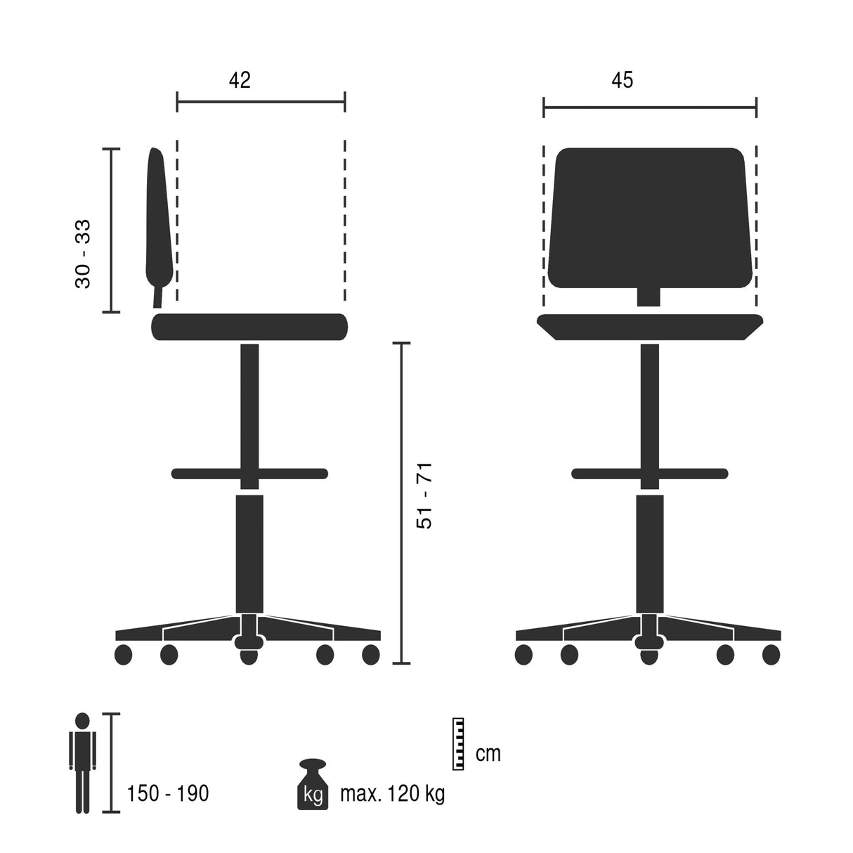 Technische Zeichnung des Arbeitsstuhls WORK MF2 mit einer maximalen Belastbarkeit von 120 kg von hjh OFFICE