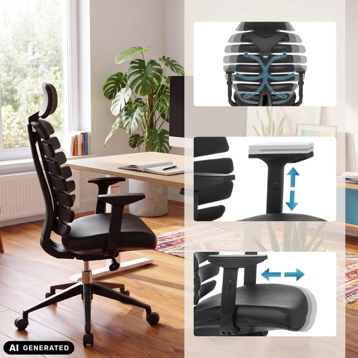 Verstellbare Funktionen des Profi-Bürostuhls ERGO LINE II PRO in Schwarz von hjh OFFICE (KI-generiertes Bild)