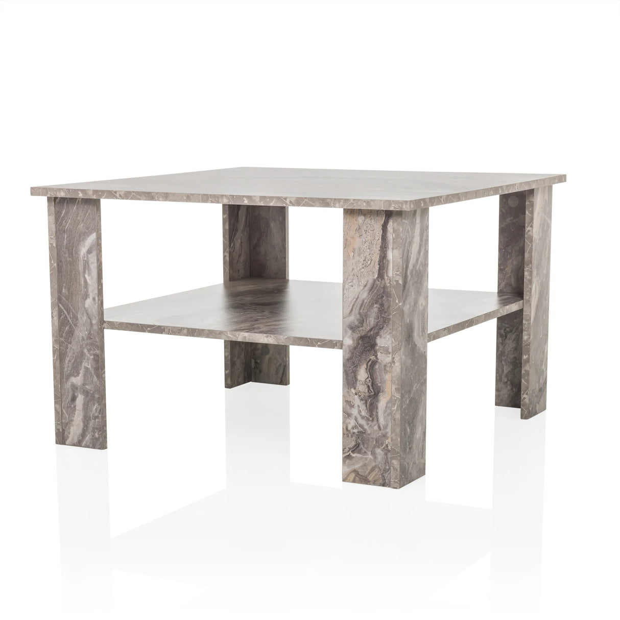 Grauer Couchtisch BISMO mit einer Ablagefläche in Marmoroptik von hjh LIVING – 360-Grad-Ansicht (schräge Frontansicht 45°)