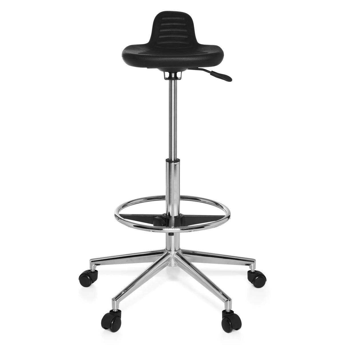 Schwarzer Drehhocker TOP WORK 03 mit Fußring und Fußkreuz mit fünf Rollen von hjh OFFICE – 360-Grad-Ansicht (Frontansicht 0°)