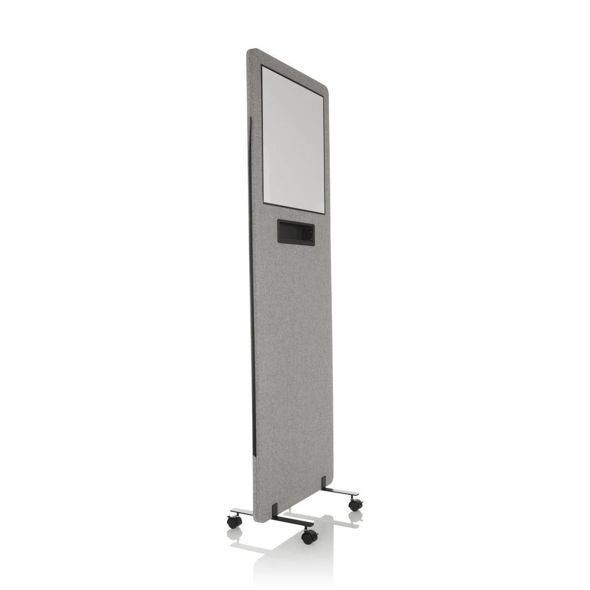 Hellgraue Trennwand FLEXMIUT WB mit integriertem Whiteboard und Rollen von hjh OFFICE – 360-Grad-Ansicht (schräge Frontansicht 60°)