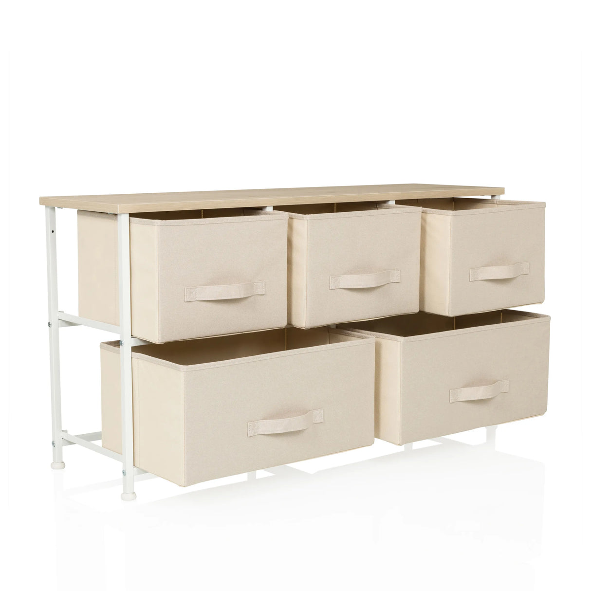 Beige Kommode FOLDAR mit fünf Stoffschubladen und weißem Metallgestell von hjh LIVING
