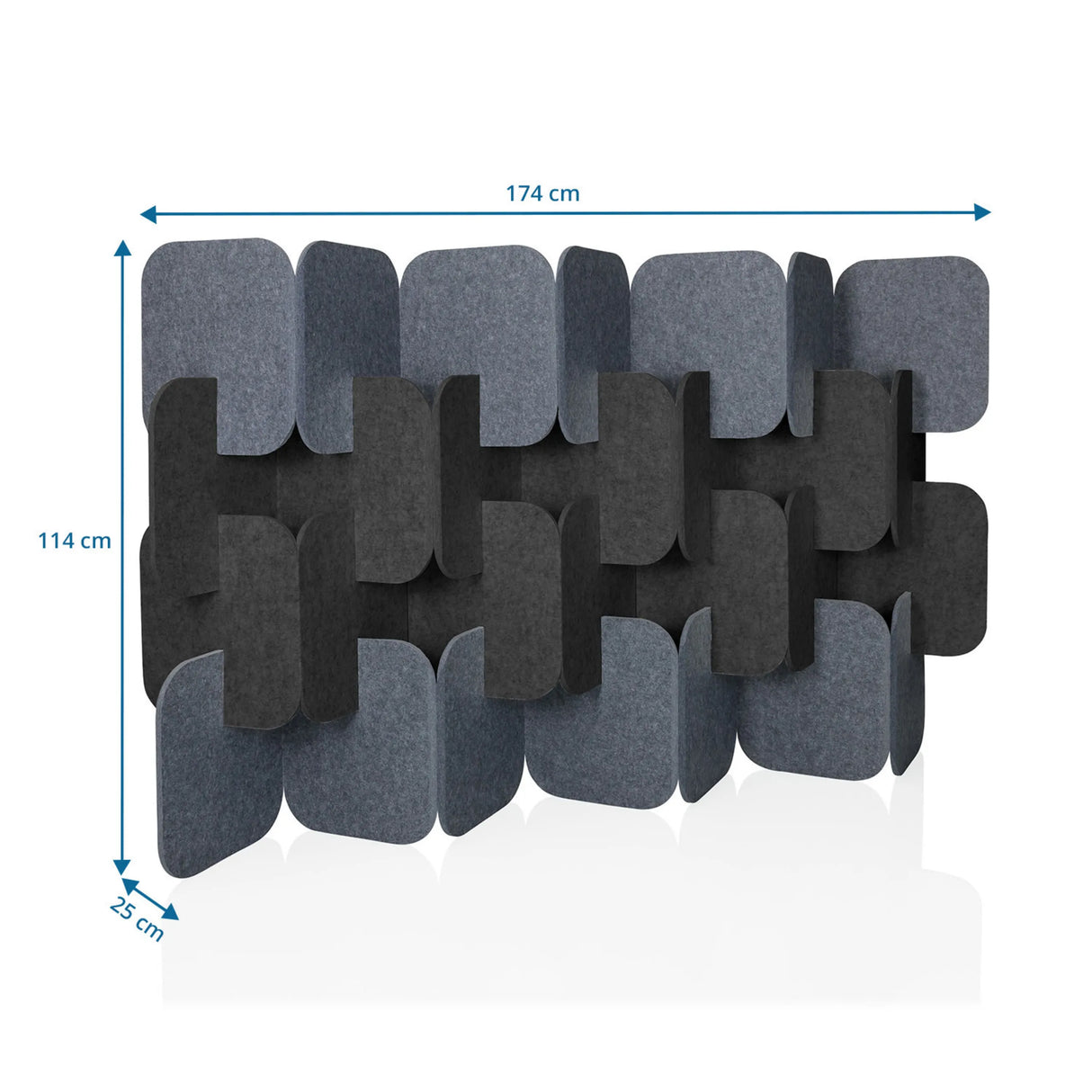 Maßzeichnung der Trennwand FLEXMIUT PLUG mit 174 x 114 cm in Grau und Dunkelgrau von hjh OFFICE