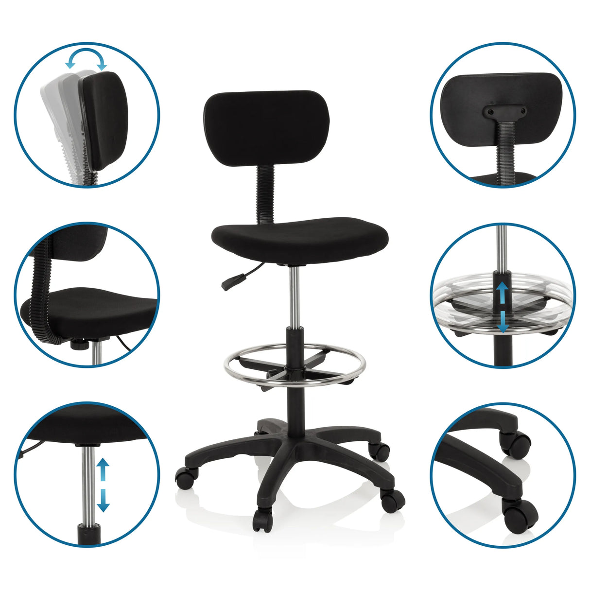 Counterstuhl TOP WORK 05 in Schwarz mit verstellbarer Rückenlehne und Fußring von hjh OFFICE