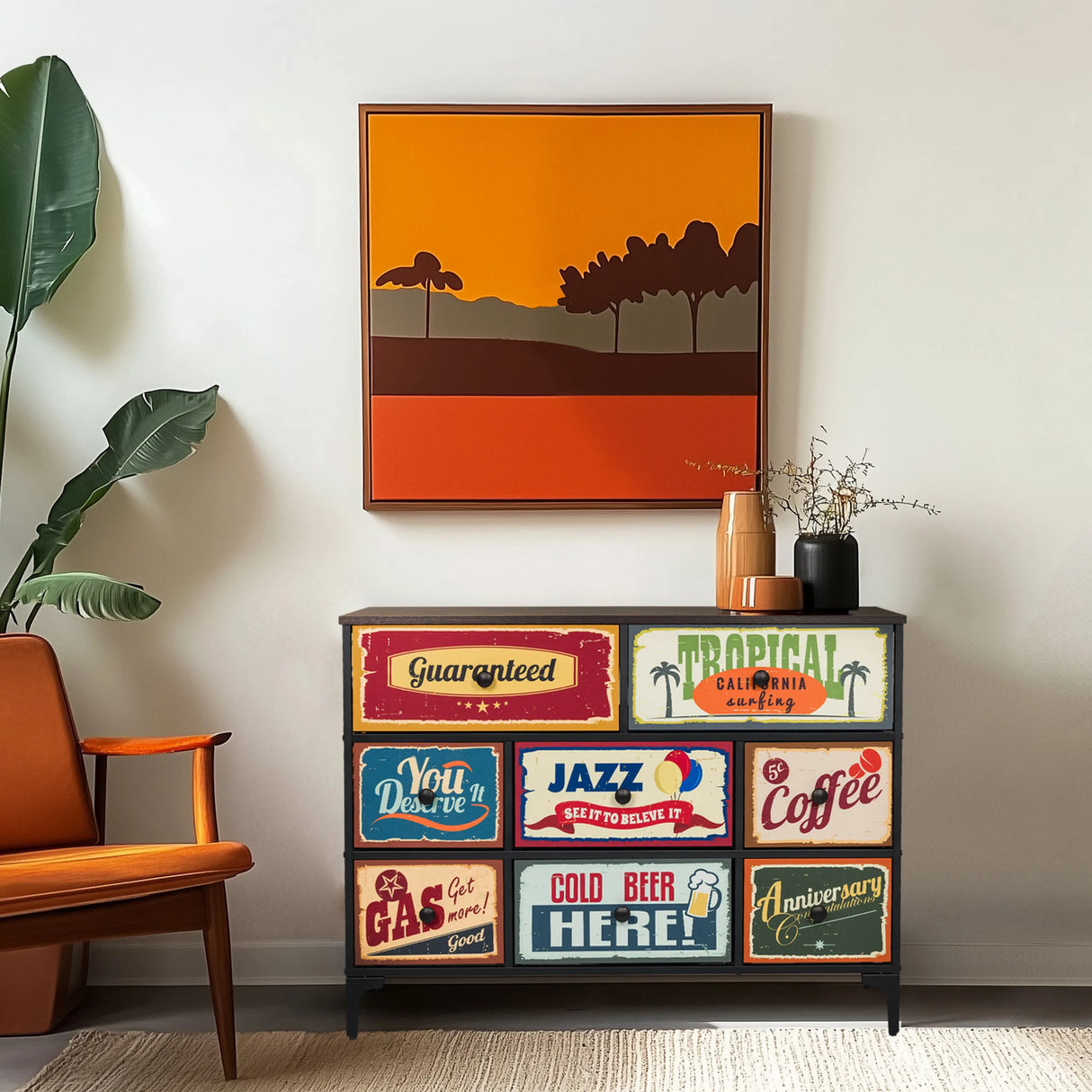 Kommode AMERIKO B mit bunten Retro-Motiv-Schubladen und schwarzem Gestell von hjh LIVING