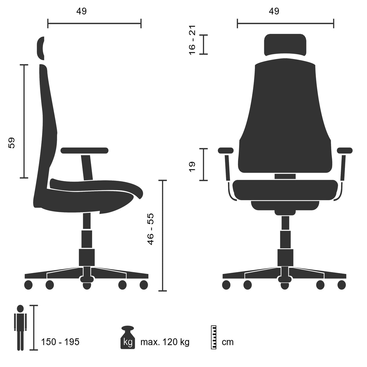 Technische Zeichnung des Profi-Bürostuhls KODIAK mit einer Breite von 49 cm von hjh OFFICE