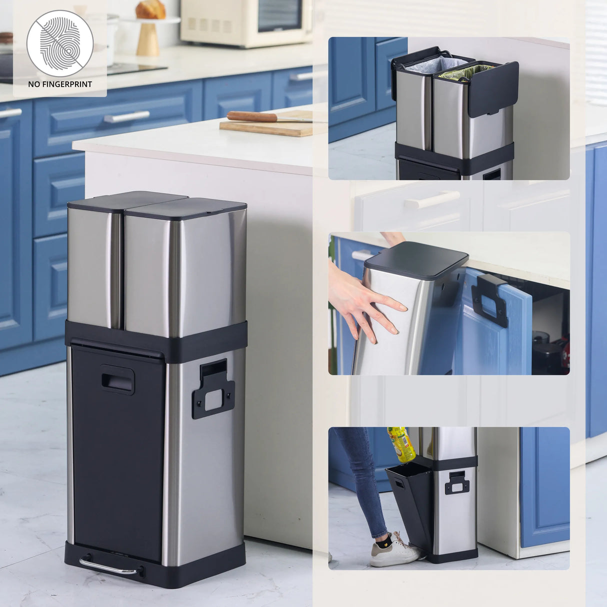 Mülleimer CLEAN 3 in Silber mit Fußpedal und zwei Fächern für Mülltrennung von hjh OFFICE