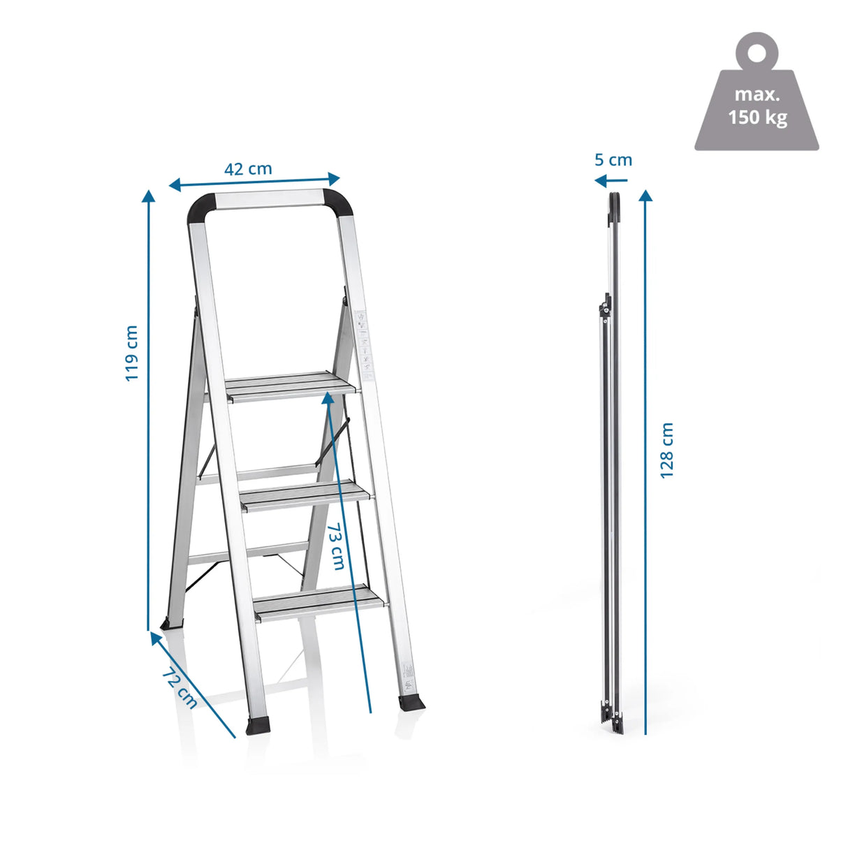 Maßzeichnung der Klappleiter SOLID V mit einer Höhe von 119 cm und 42 cm Breite von hjh OFFICE