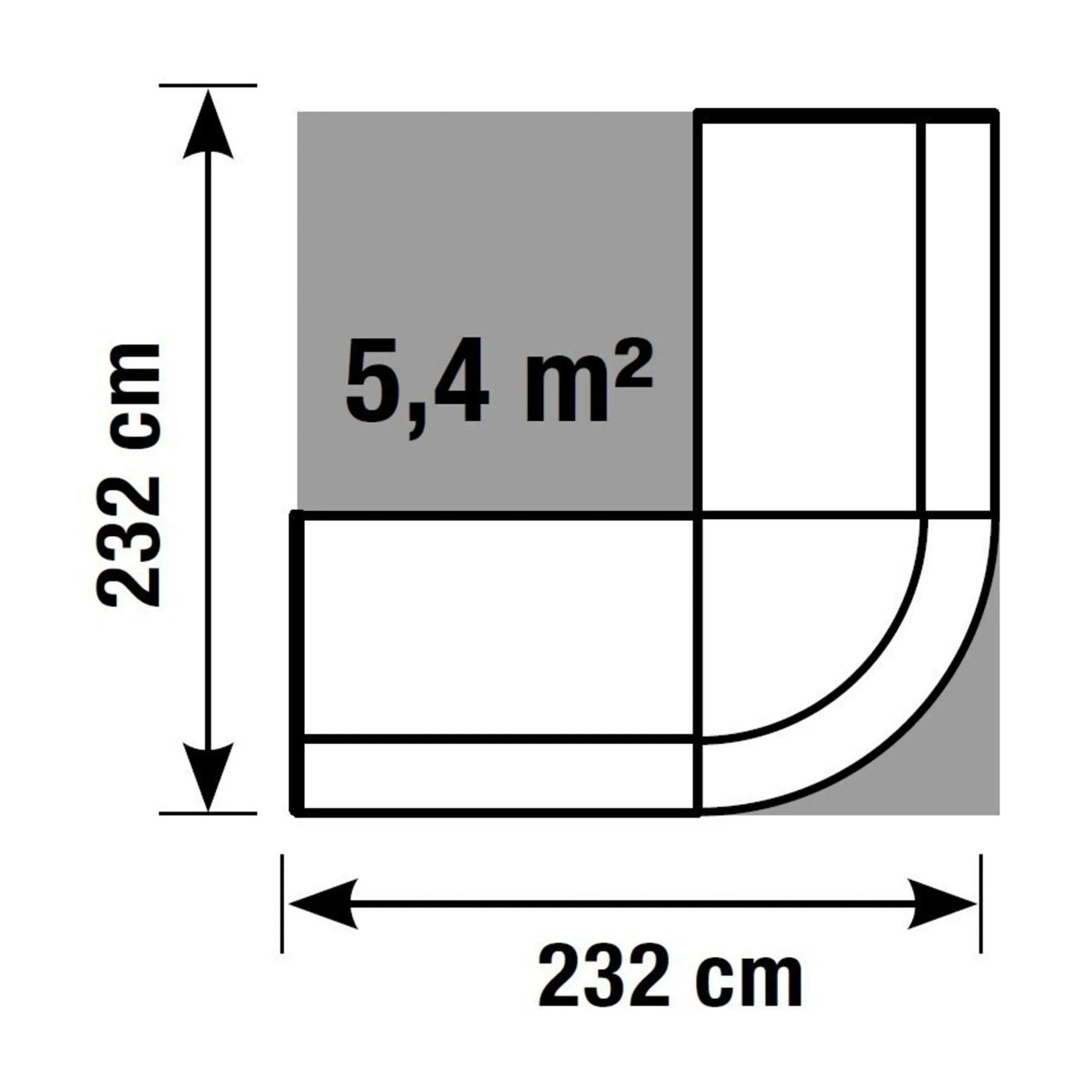Technische Zeichnung der Empfangstheke BILBAO III mit 232 × 232 cm und 5,4 m² von Kerkmann