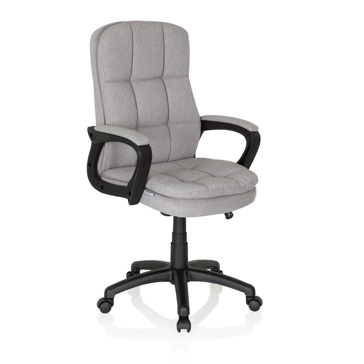 Grauer Home-Office-Chefsessel RELAX CX 120 mit gestepptem Bezug und Fußkreuz mit fünf Rollen von MyBuero – 360-Grad-Ansicht (schräge Frontansicht 40°)