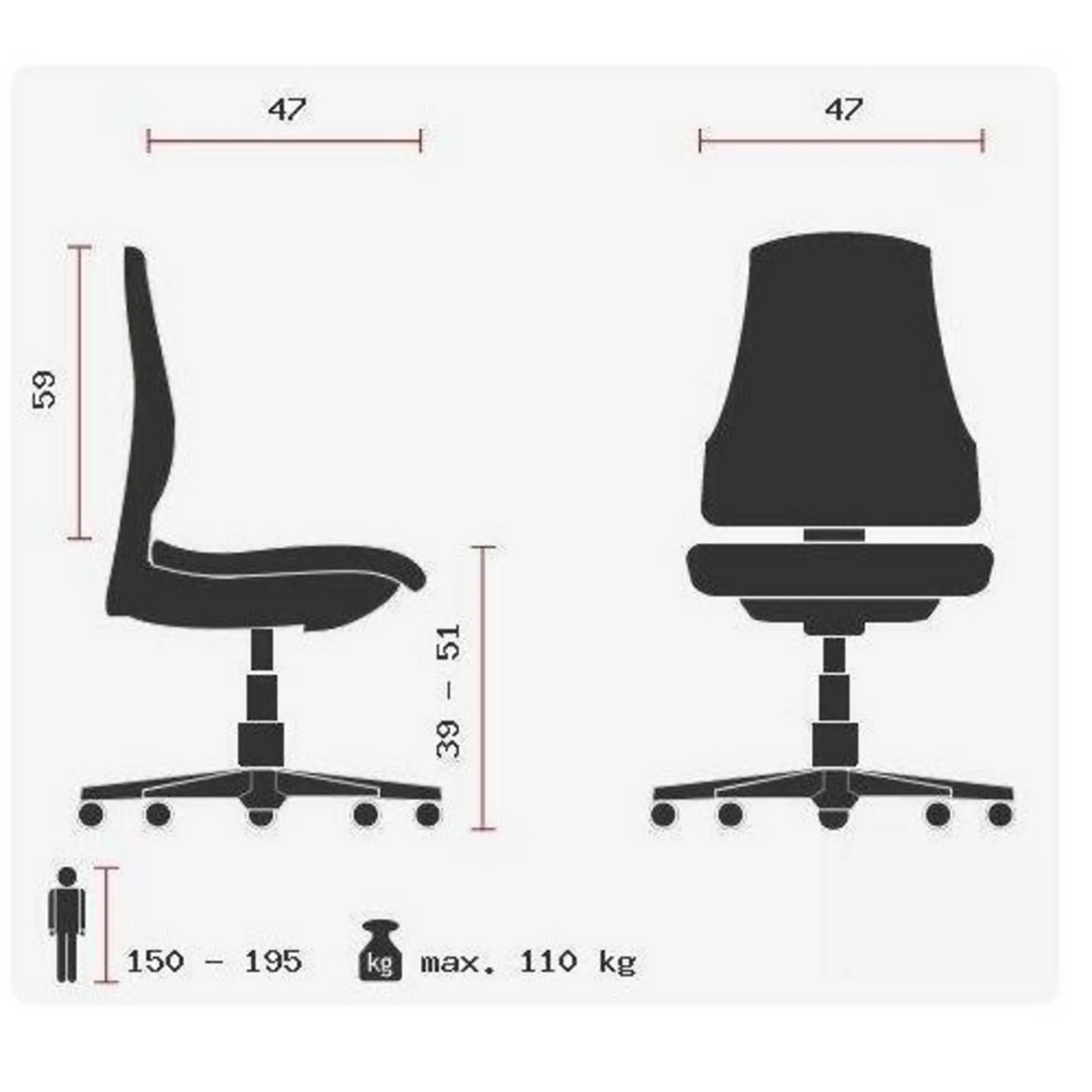Technische Zeichnung des Profi-Bürostuhls HJH SOLUTION BASIC mit einer Sitzhöhe von 39 bis 51 cm von Topstar