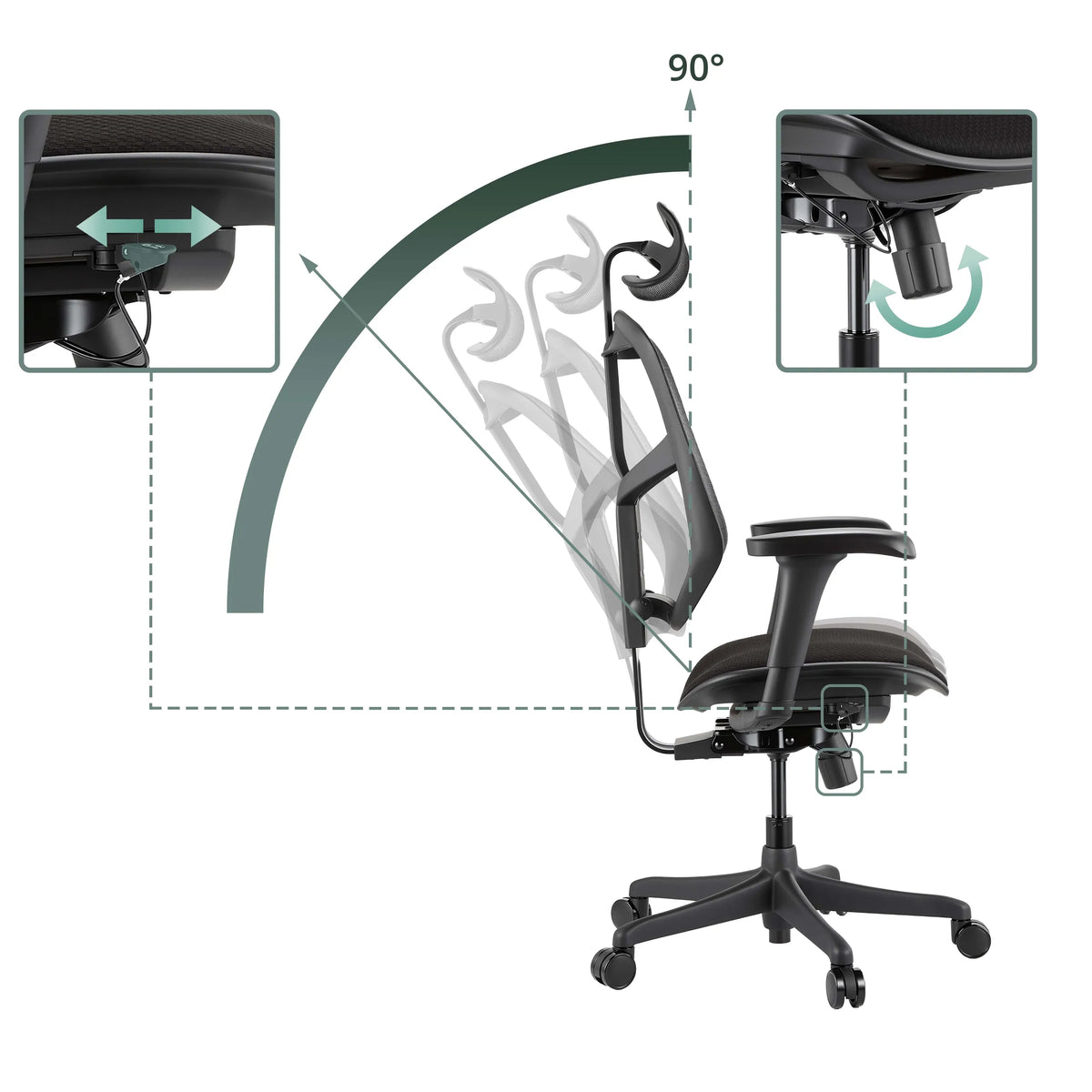 Verstellbare Rückenlehne und Sitzhöhe des Bürostuhls Enjoy Eco FB mit einem Neigungswinkel von 90° von hjh OFFICE