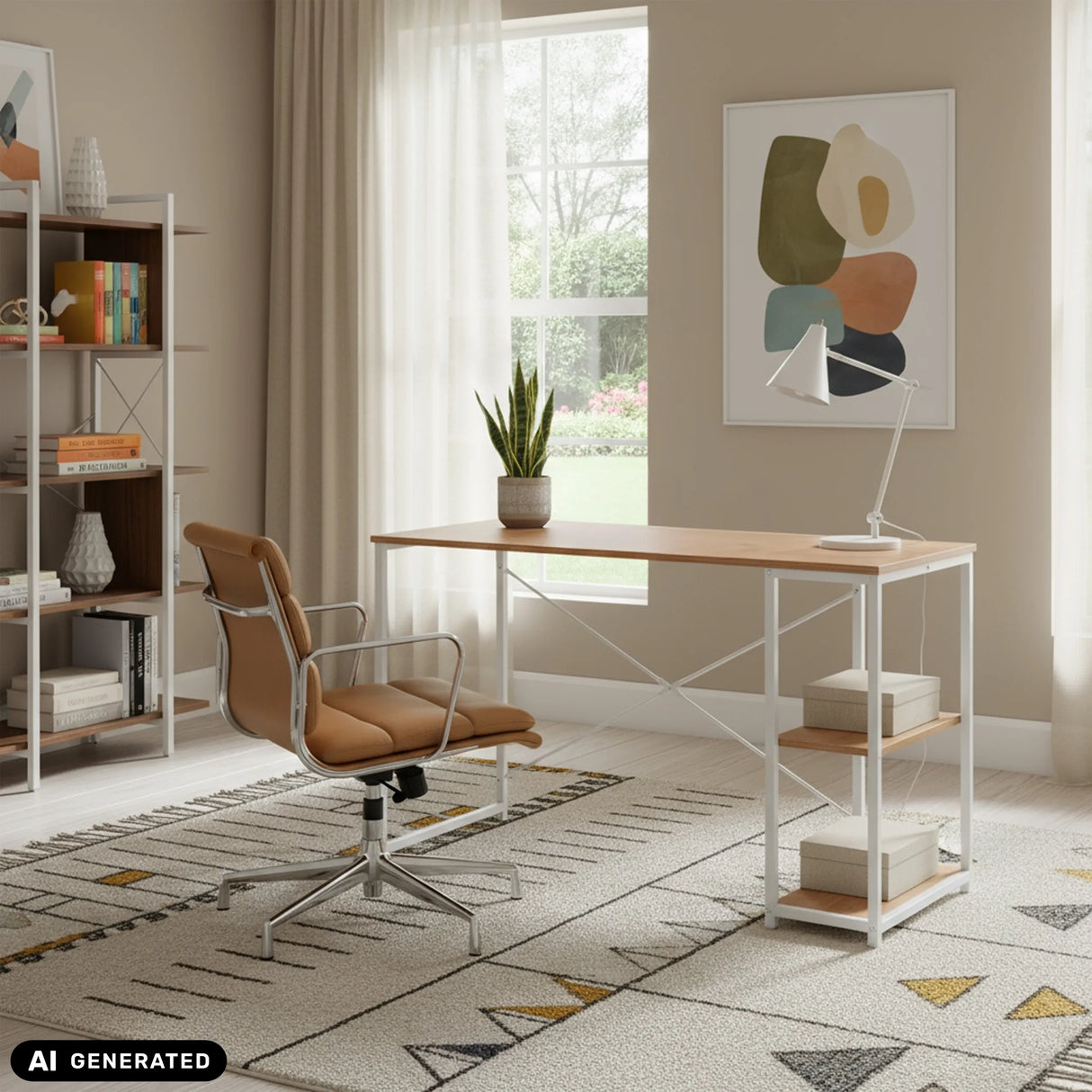 Schreibtisch Easy Up2 in Weiß und Eiche mit integriertem Regal von hjh LIVING (KI-generiertes Bild)