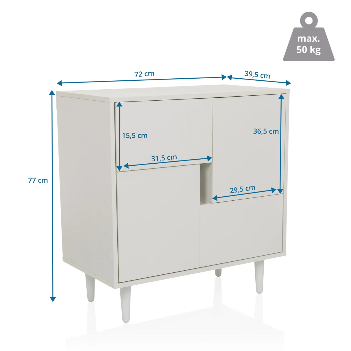 Maßzeichnung der Kommode LYKKJA mit einer Breite von 72 cm und einer Höhe von 77 cm von hjh LIVING
