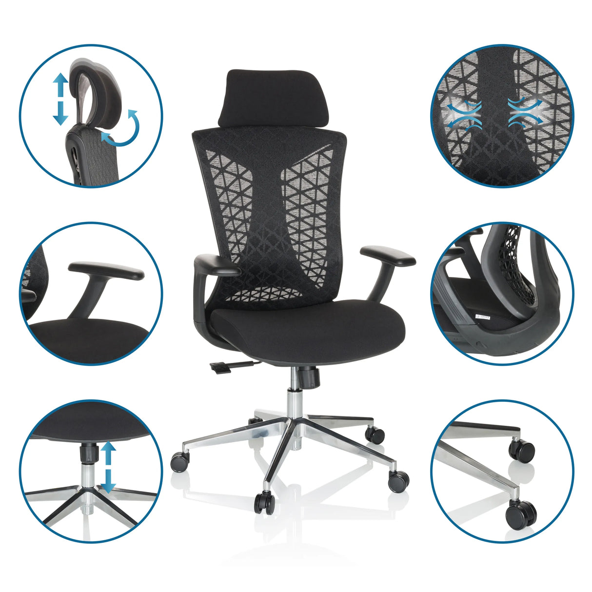 Profi-Bürostuhl FALEO B in Schwarz mit verstellbarer Kopfstütze, Armlehnen und Rollen von hjh OFFICE