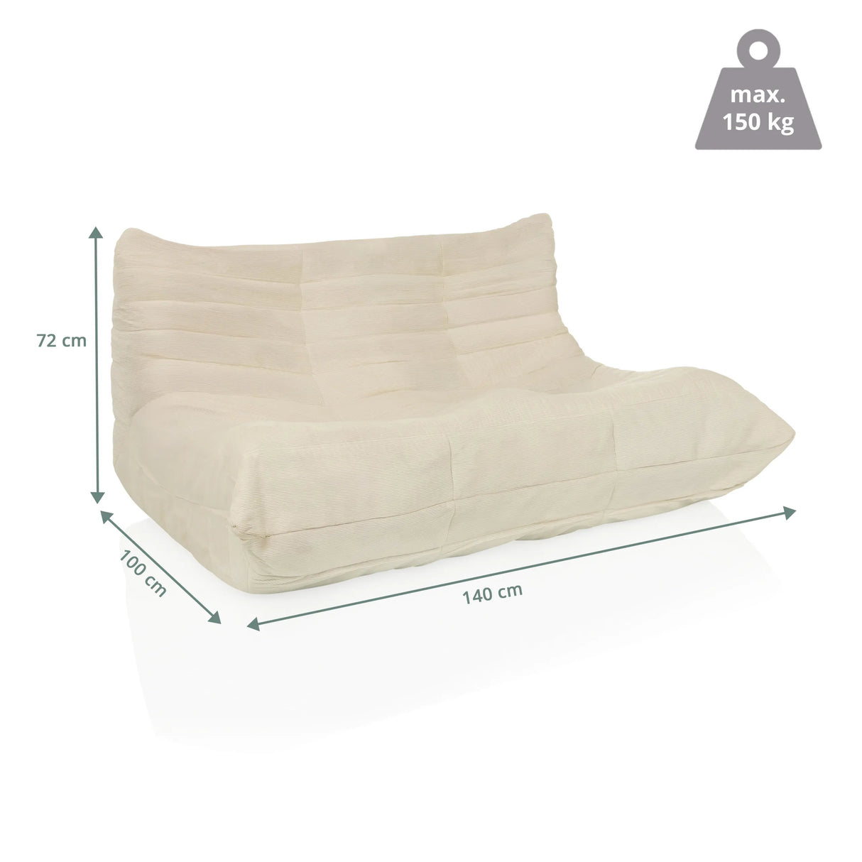 Maßzeichnung des Loungesessels Sitzolo 2 mit 140 × 100 cm und einer Belastbarkeit bis 150 kg von hjh LIVING
