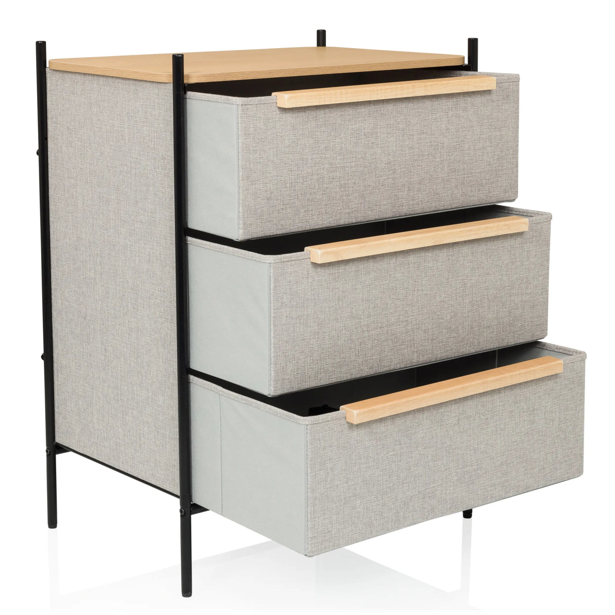 Kommode STUVAR in Taupe mit drei Stoffschubladen, Holzgriffen und schwarzem Metallgestell von hjh LIVING